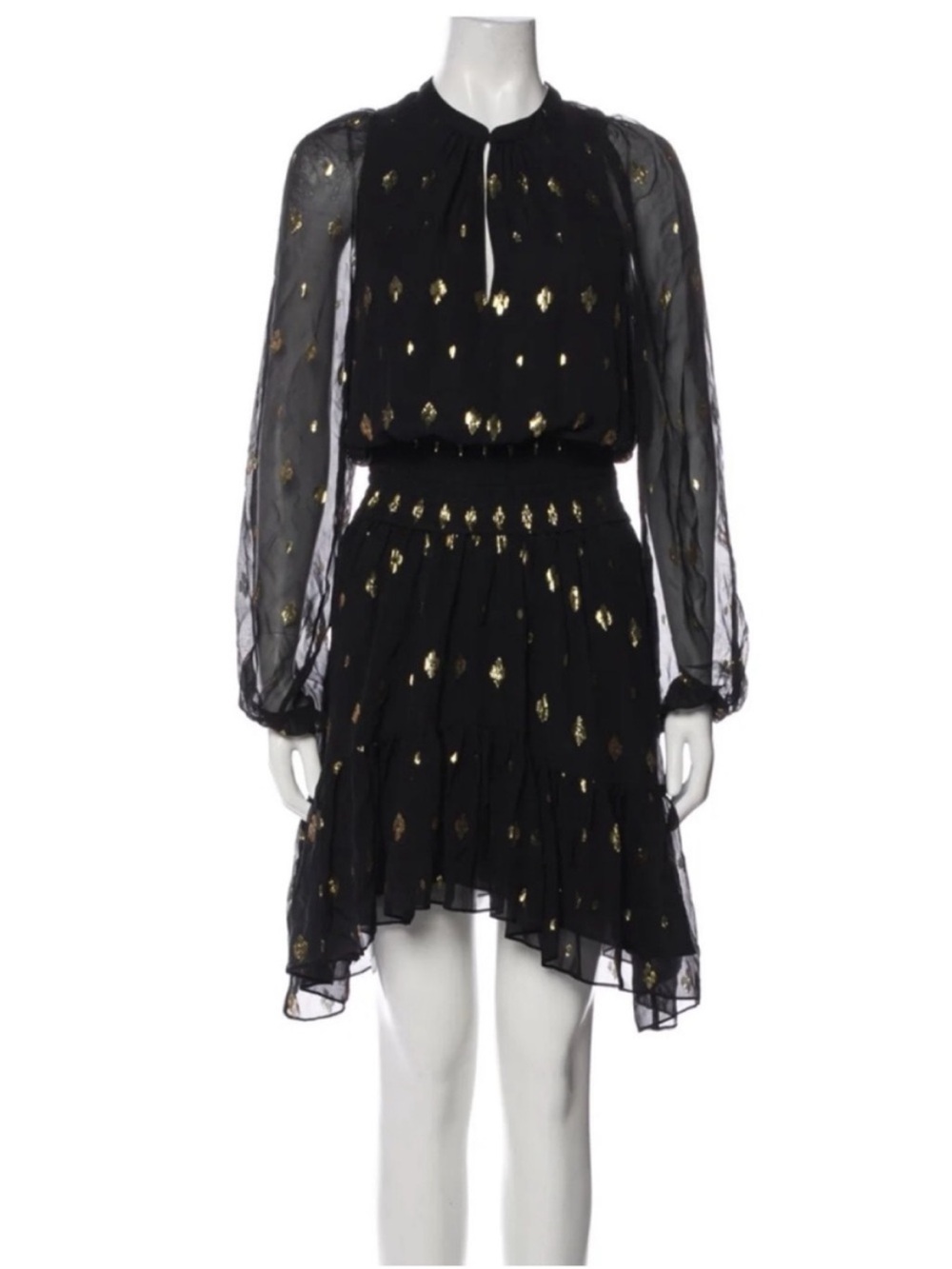 A.L.C. Sydney Silk Shirtdress Black Gold Metallic Print Ruffle Keyhole Dress XS - Picture 3 of 8